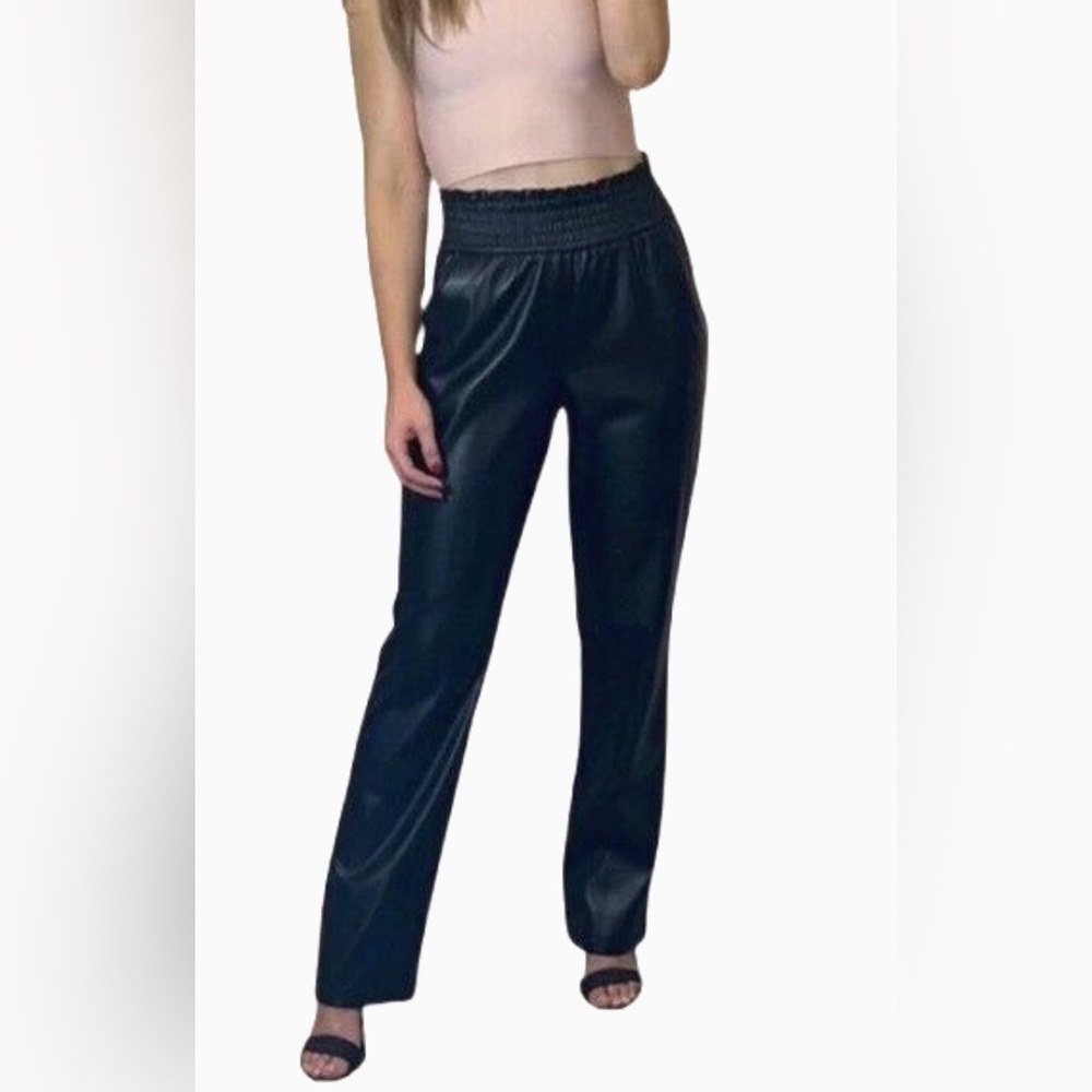 Joie Smocked Waist Black Faux Leather Straight Leg Pull On Pants, Size S